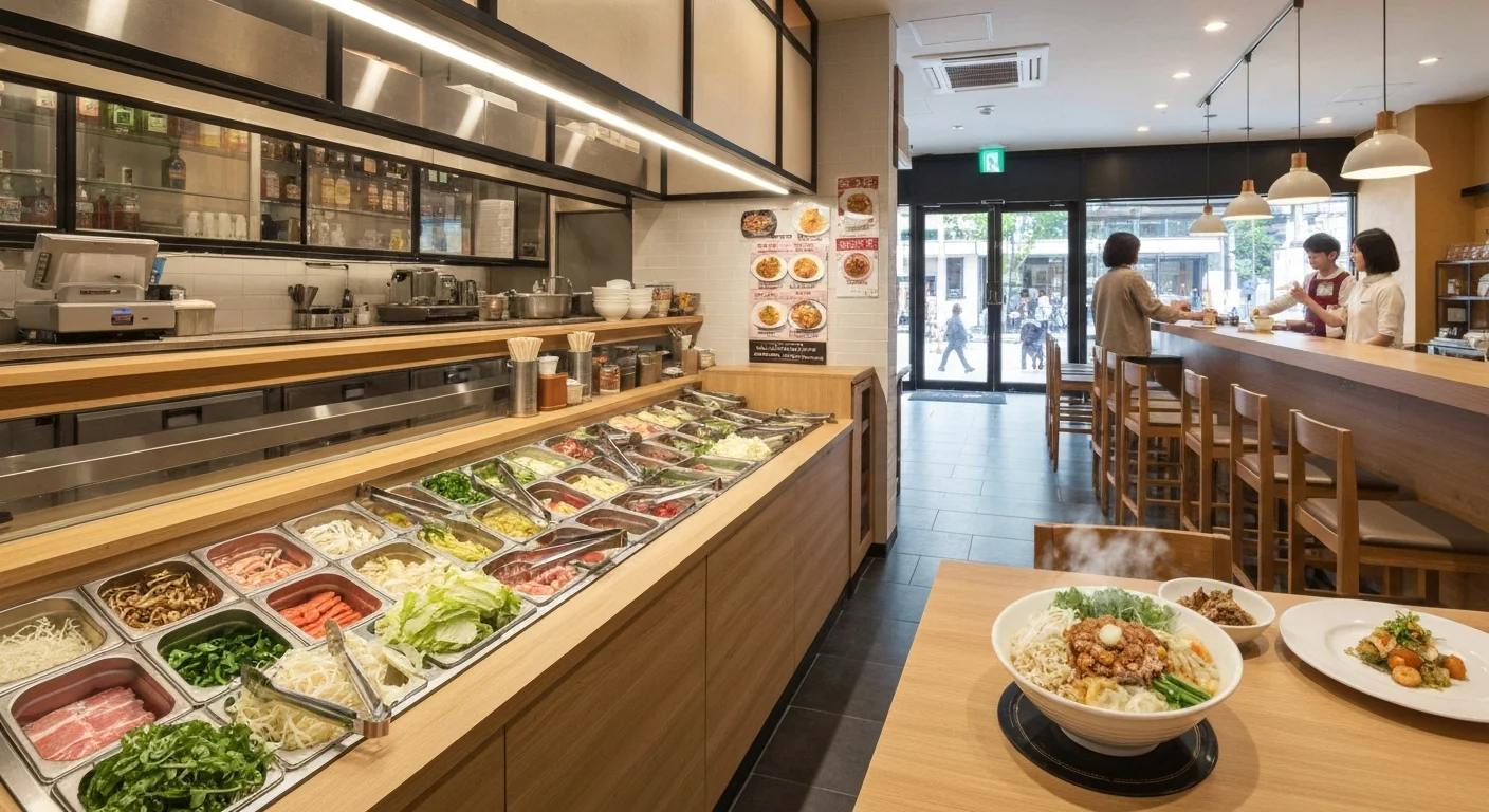 じぞう通り入口に面した店舗外観と広角の店内が一度にわかる写真、赤い看板と白い壁、通り沿いの入口が見える様子