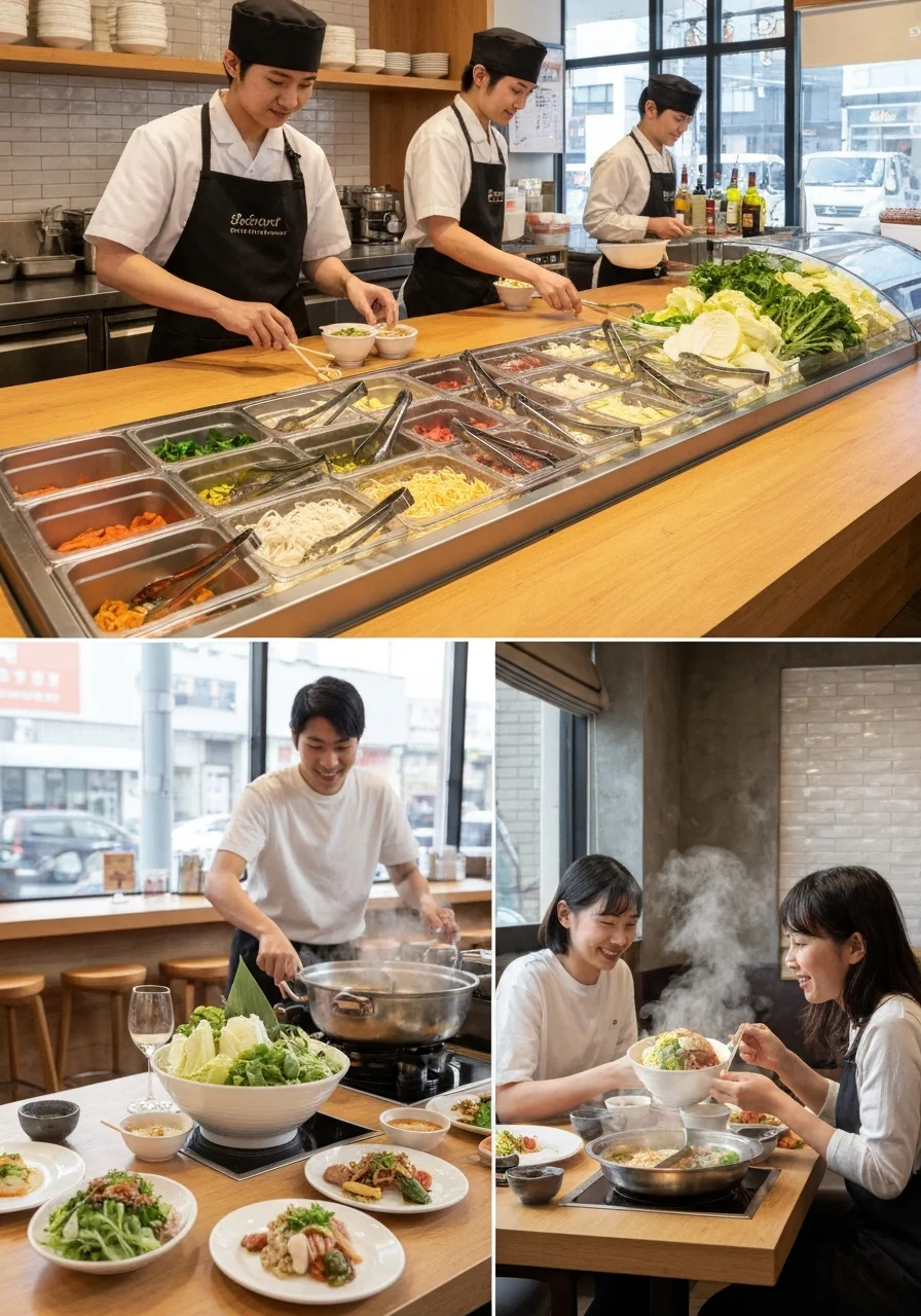 厨房で食材を整えるスタッフの手元、鍋の前で具材を並べて準備している様子