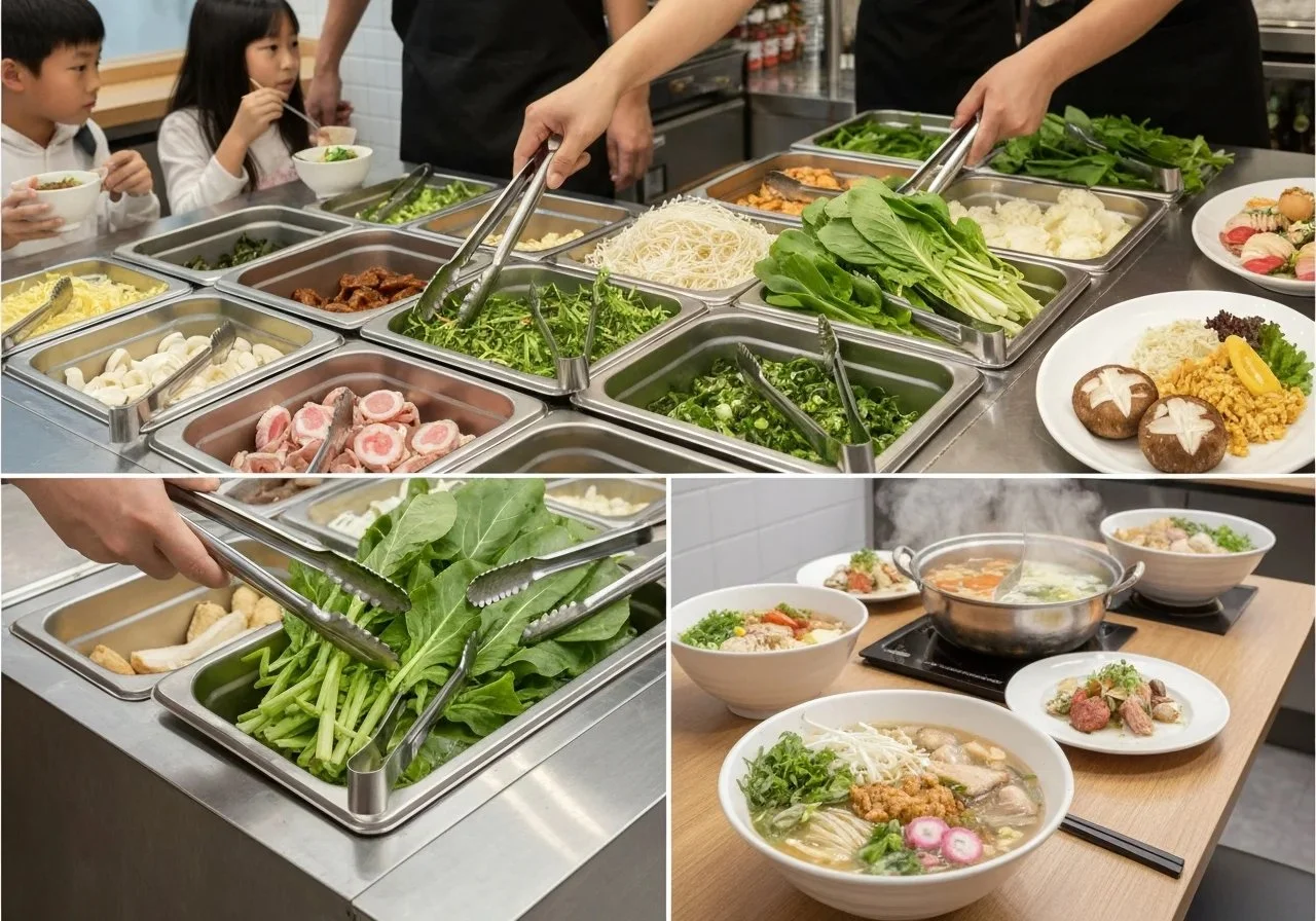 赤いスープに青菜ときのこ、麺を合わせた麻辣湯の写真