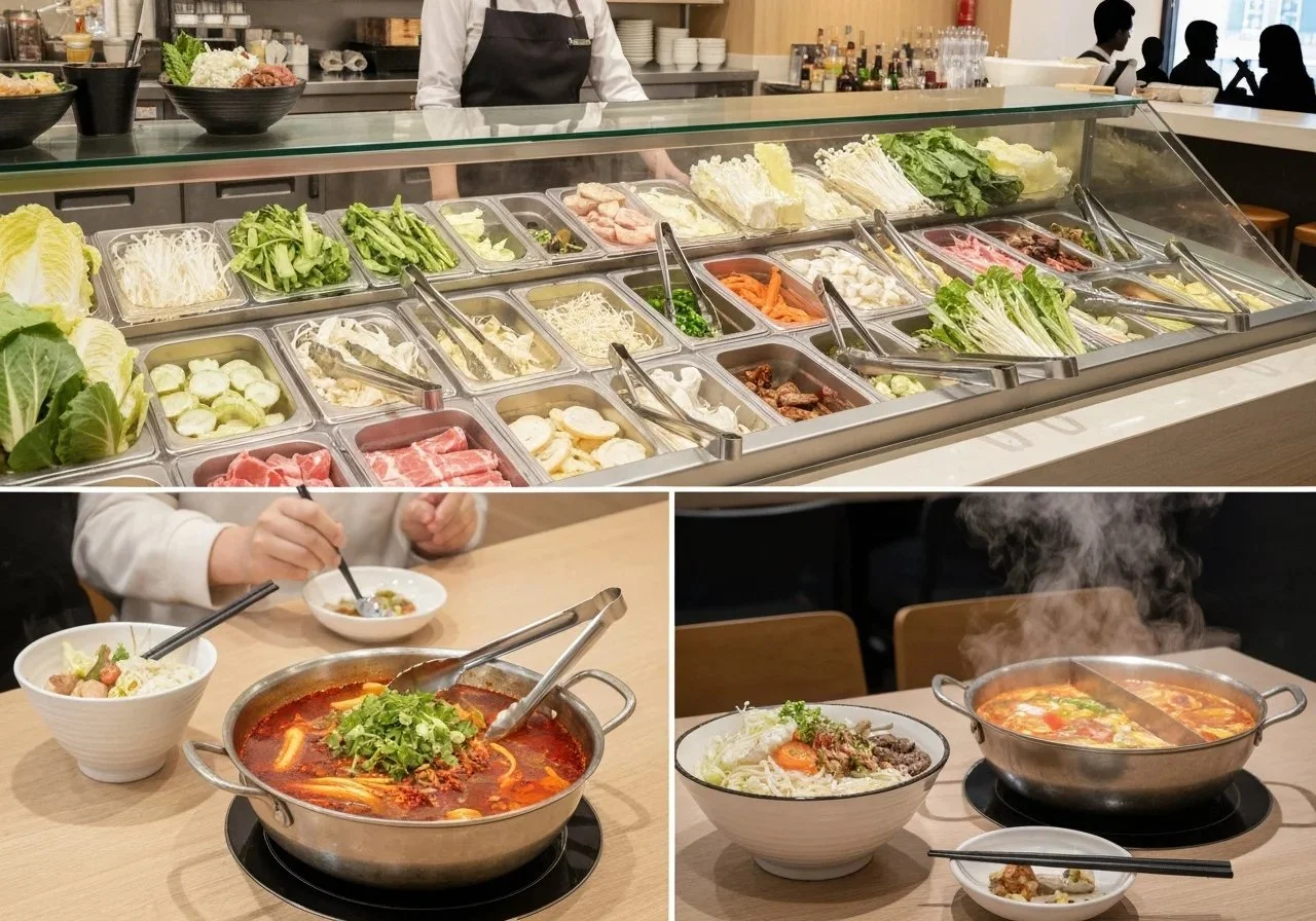 骨スープの麻辣湯に白菜、豚肉、麺を合わせた写真